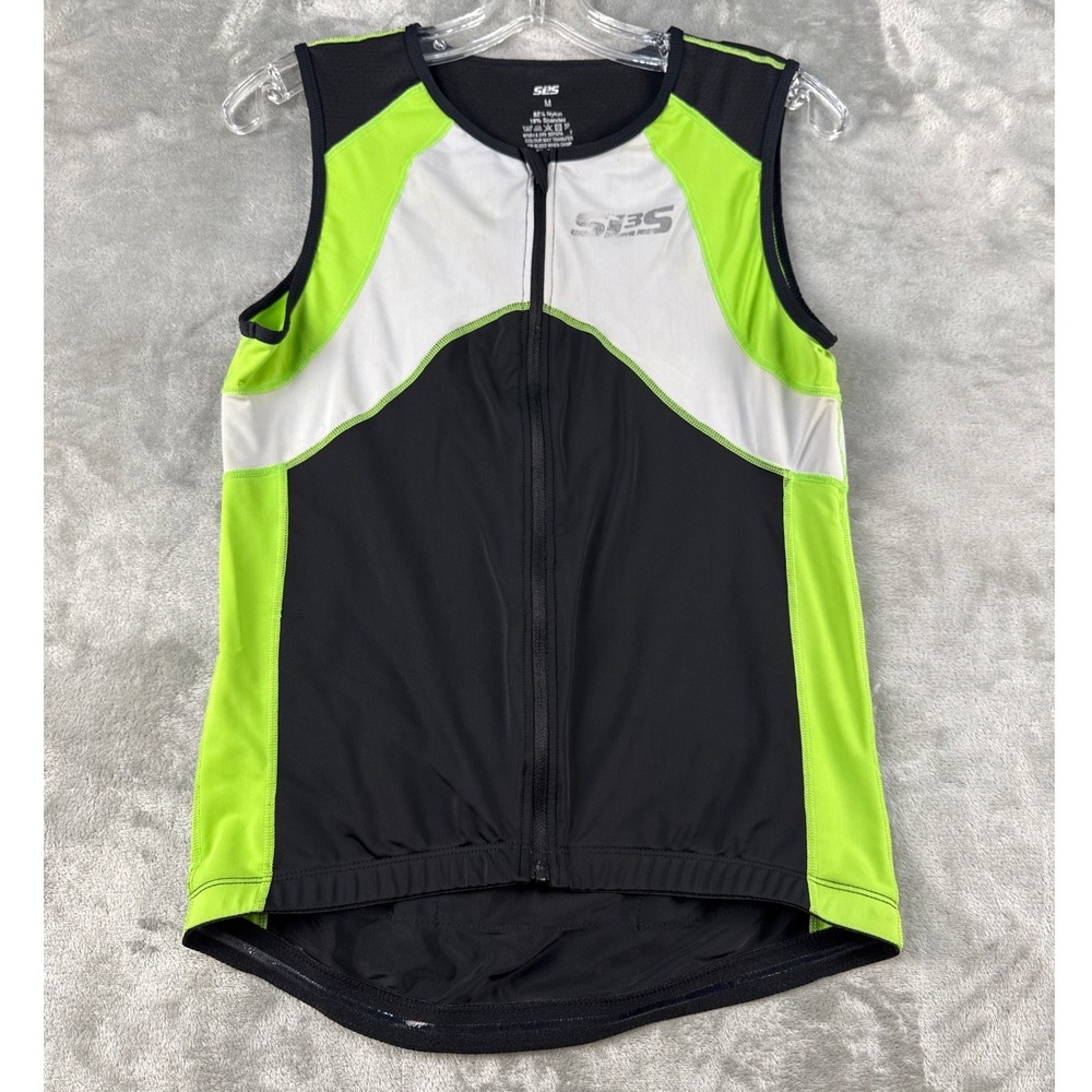 SLS3 Tank Top Mens Medium Triathlon Jersey Black White Neon Green Full Zip EUC